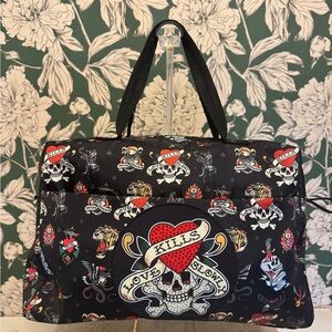 Ed Hardy Black and Red Graphic Nylon Tote NWOT
